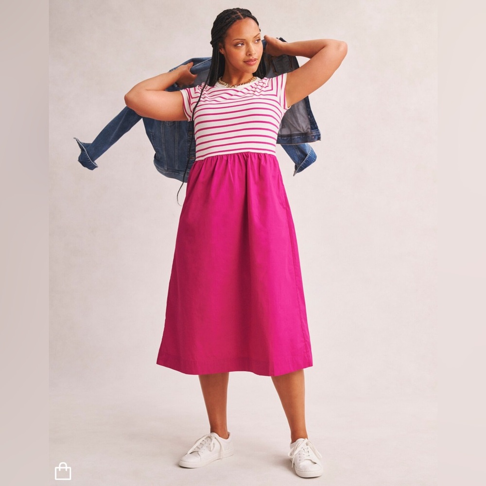 J.Crew Preppy Pink Stripe Knit Mixy Midi Dress Pockets NWT Size Medium Spring - Picture 5 of 9